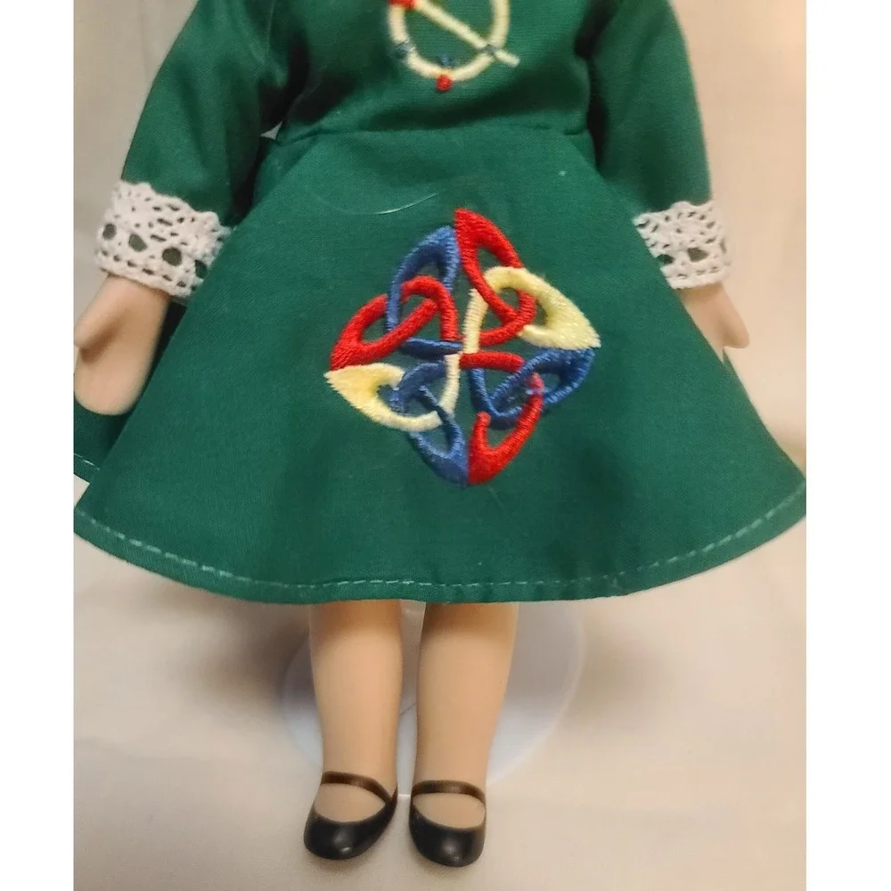 Vintage 90's Porcelain Irish Dancer Doll Red Hair Green Celtic Embroidered Dress
